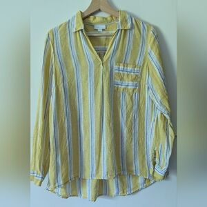 J. Jill Small 100% Linen Yellow & White Striped Popover Blouse Women's